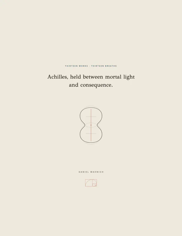 MĒNIS exterior back cover: Achilles, held between mortal light and consequence, with the figure-eight shield and Daniel Wahnich's signature mark.
